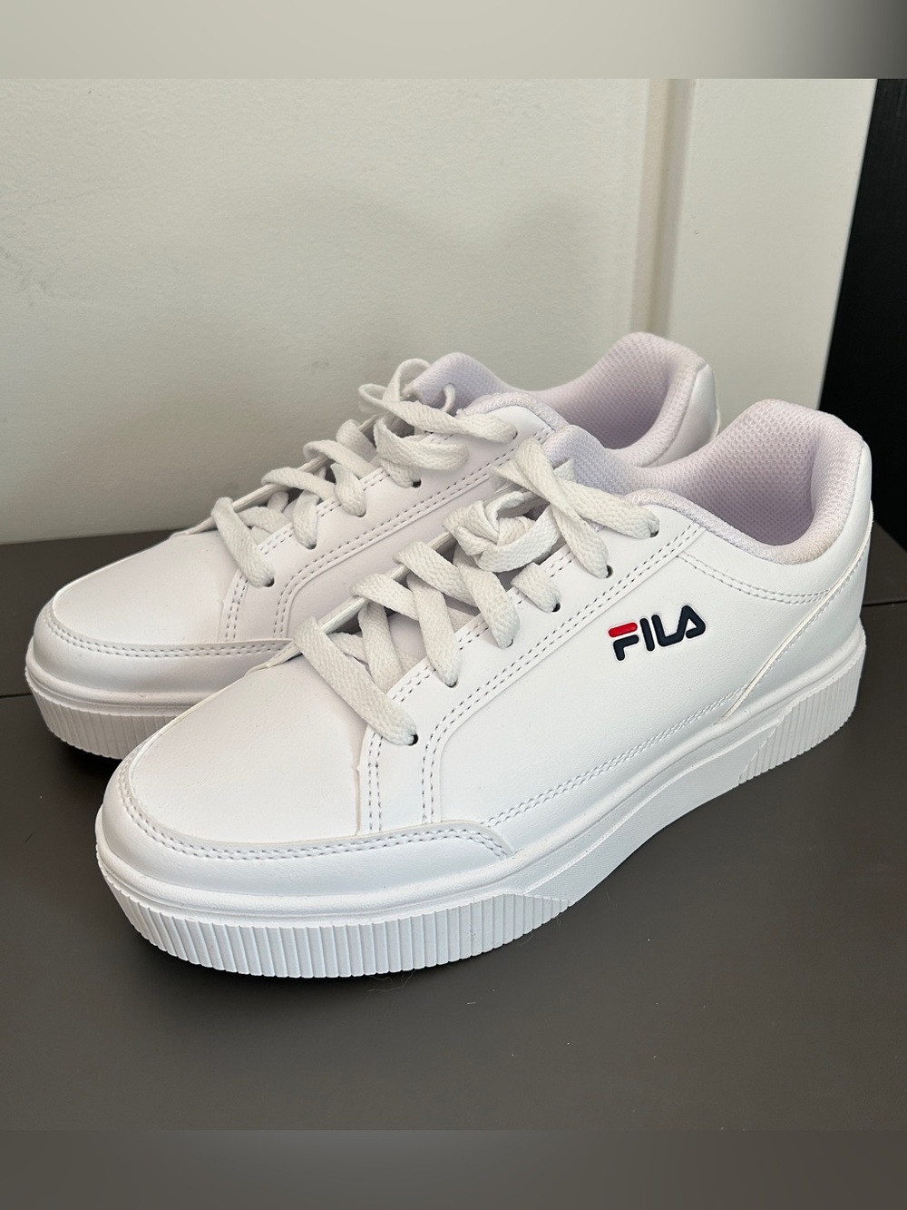 Fila White Low-Top Platform Sneakers with Navy & Red Logo
